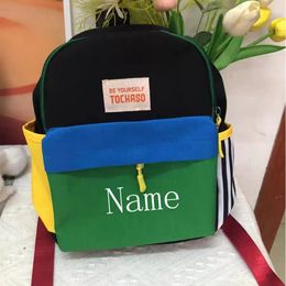 Mochila de color de contraste Nombre bordado personalizado Niñas Niñas Bolsas escolares de lienzo de jardín de infantes de jardín