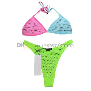 Ensemble de Bikini de couleur contrastée femmes étincelants maillots de bain taille haute maillot de bain Sexy licou vêtements de plage