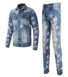 Diseño de color en contraste Chándales Agujeros rasgados Men039s Conjuntos de jeans Primavera Otoño Estrella Parche Chaqueta de mezclilla de manga larga a juego Str4601324