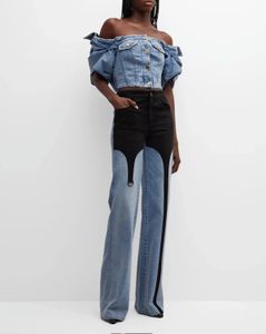 Contrast kleur luxe patchwork 95%katoen boven vrouwtjes leggings groothandel dames gewassen striatht broek rechte deinim jeans 240423