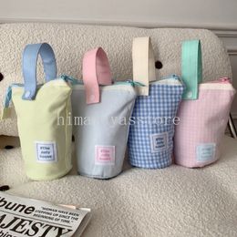 Sac de rangement à poignée de couleur contrastée pour femmes, trousse à crayons verticale pour filles, porte-stylo Portable, sacs à cosmétiques rétro à carreaux, pochette