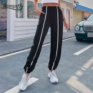 Contrast piping elastische taille zwarte broek vrouwen zomer casual pocket sport stijl vrouwelijke lange broek 210510