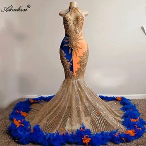 Couleur contrastée col licou trompette Fromal robes de luxe perles paillettes paillettes dentelle robes à volants Illusion creux sirène dames robes de soirée de bal pour les femmes