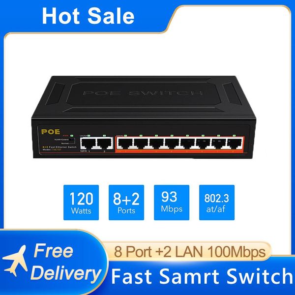 Contrôle 10 Smart Smart Poe Switch 52V 93W Ethernet Hub RJ45 Commutateur réseau pour la caméra IP / Router AP / WiFi sans fil Expédition rapide