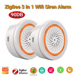 Controle 15pc Tuya Zigbee 3 in 1 sirene alarm 90dB Sound Light Sensor Smart Home Tuya Smart Life App Alarm Sirene voor Alexa Google 2022