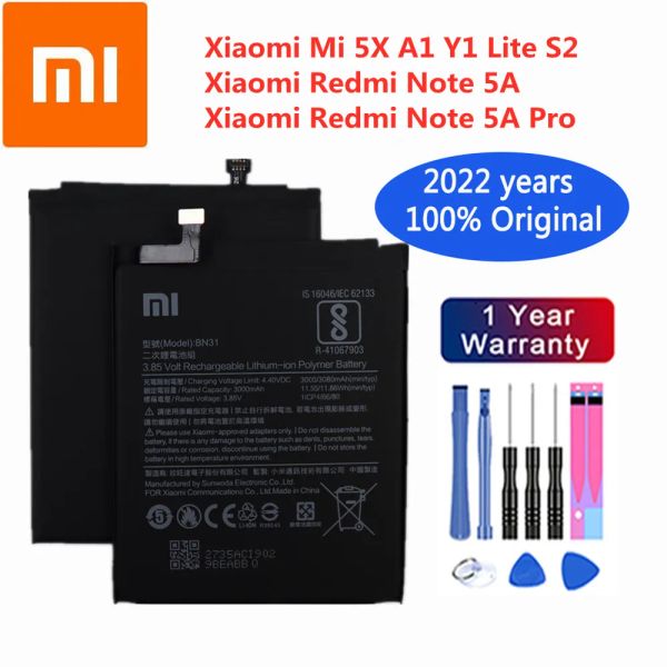 Contrôle 2022 ans 3000mah Bn31 100% batterie d'origine pour Xiaomi Redmi Note 5a / Note 5a Pro Mi 5x A1 Y1 Lite Redmi S2 batterie de téléphone