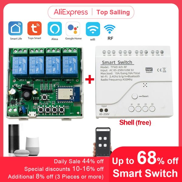 Contrôle 4ch Tuya Smart Switch 220V Module WiFi Remote commande USB 5V 12V 24V 85250V RF Receiver 10A Smart Relay comprend la coque gratuite