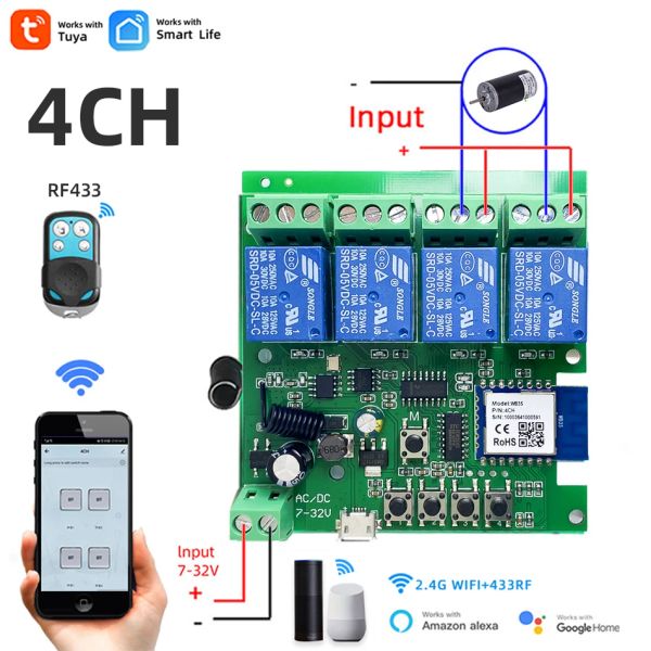 Contrôleur de moteur de maison intelligente Wifi 4CH, télécommande RF433 DC 12V 24V 32V 220V, commutateur de relais 4 canaux pour Alice Alexa, Tuya Smart Life