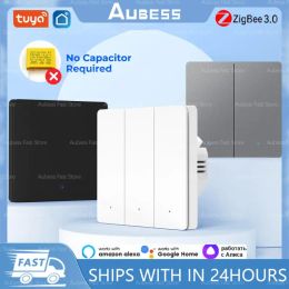Controle Aubess Zigbee Tuya Button Light Wall Switch 3Color Tuya Smart Home 1Gang/2Gang/3Gang No Neutral for Alexa Google Home Alice