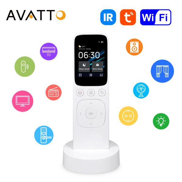 Control AVATTO WiFi Smart IR Panel de control central, pantalla táctil inalámbrica Tuya con botones, control remoto de mano para electrodomésticos