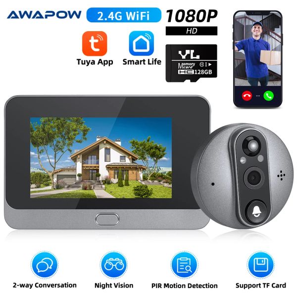 Contrôle Awapow Smart Home Tuya Puphole Door View Camera 4.3inch 1080p Video DOORGELL NIGHT PIR Motion Detection Porte numérique Portes de porte