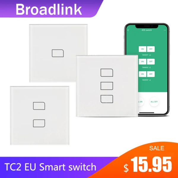 Contrôle Broadlink TC2 1/2/3 GangEU interrupteur d'éclairage Standard Design moderne panneau tactile blanc Wifi contrôle intelligent sans fil Via RM4 Pro