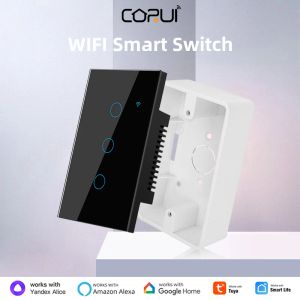 Controle Corui Tuya EU US WiFi Smart Touch Switch 1/2/3/4 Gang Wall Light Switch met Bottom Box voor Alexa Google Home Alice Smart Life