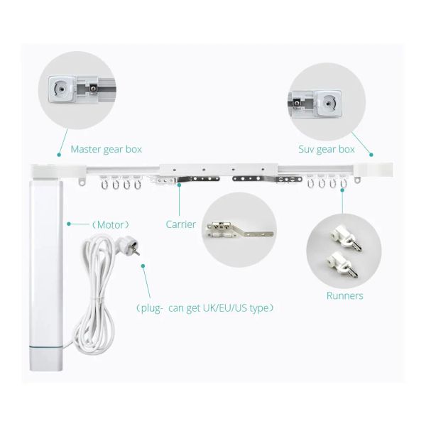 Accesorios de riel de cortina de control Corredores de correa Lleva caja de engranajes Motor de enchufe Receptores WiFi Trabaja con Alexa Google Home Tuya App Control