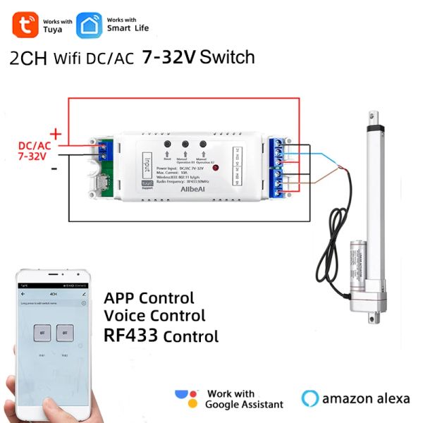 Contrôle DC 5V 12V 24V 24V 32V 2 canaux WiFi Tuya Smart Life Motor Contrôleur Smart Home, télécommande RF433, relais d'impulsion 2ch pour Alexa Google Alice