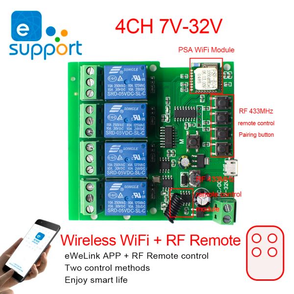 Control DC 7V32V AC 220V Módulo de relé Wifi de 4 canales interruptor de Control remoto inalámbrico Jog SelfLock aplicación de teléfono para hogar inteligente 12V 24V