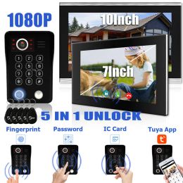 Controle vingerafdruk 5in1 ontgrendel wifi deurbel video intercom -systeem voor thuisdeurtelefoon tuya smart 1080p touch monitor beveiligingsbeveiliging