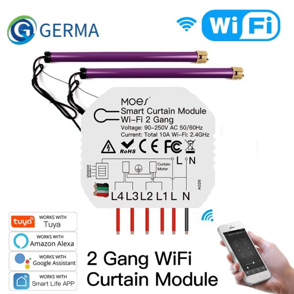 Contrôler Germa Tuya Smart WiFi 2 Gang Double rideau Blind Blind Commutation Module Shutter Electric Motor Smart Life with Google Alexa Home