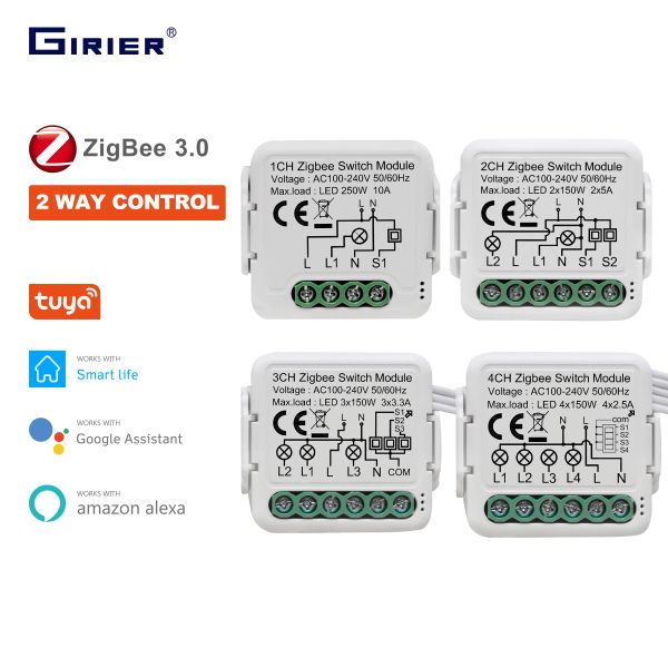 Control GIRIER Tuya ZigBee 3.0 Module de commutation 10A Smart Home DIY Disjoncteur 1 2 3 4 gangs prend en charge le contrôle bidirectionnel fonctionne avec Alexa Google Home