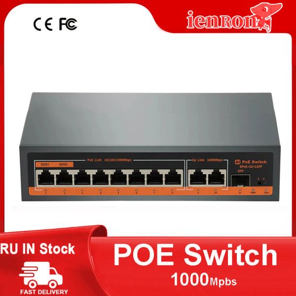 Control Ienron Completo Gigabit Switch 1000Mbps 8 Poe +2 Uplink +1 SFP 52V AI Watchdog Smart RJ45 Ethernet para cámara IP/ enrutador WiFi/ CCTV