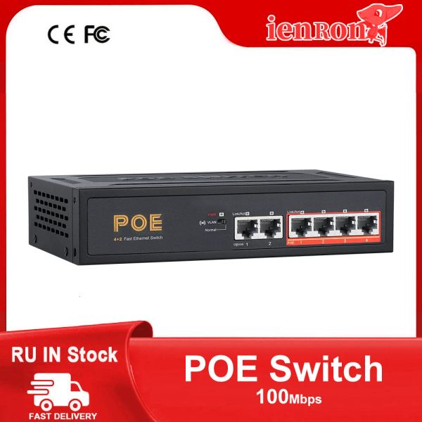 Control Ienron Poe Switch 100 Mbps Ethernet Smart Switch 4 Port Poe +2 Uplink RJ45 VLAN con potencia de 52V para cámara IP/enrutador WiFi