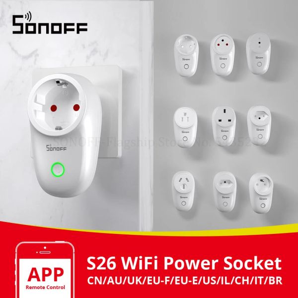 Control Itead SONOFF S26 Wifi interruptor de enchufe inteligente EUE/EUF/UK/AU/US/BR/IT/IL/CH/CN temporizador toma de corriente de pared enchufes eWeLink funciona con Alexa