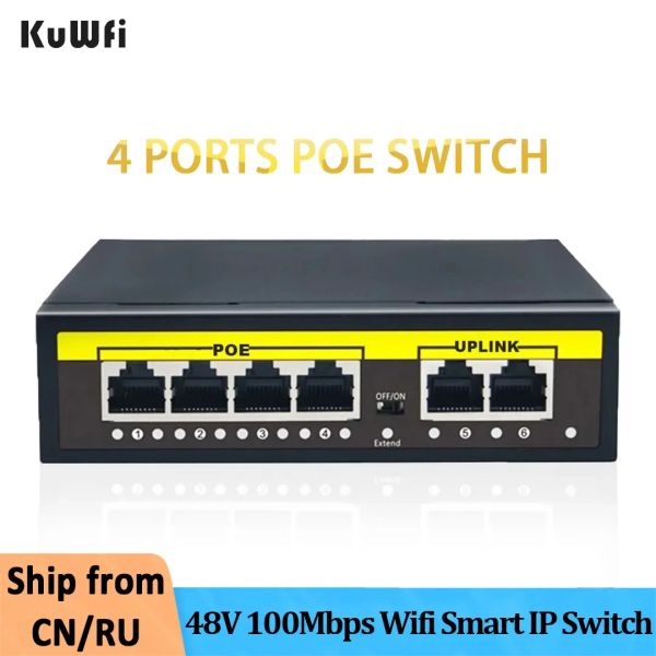 Contrôle KUWFI 48V POE Switch 4ports Ethernet Switcher 100 Mbps RJ45 Injecteur Switcher WiFi Smart IP Interrupteur pour la caméra IP / AP / CCTV sans fil