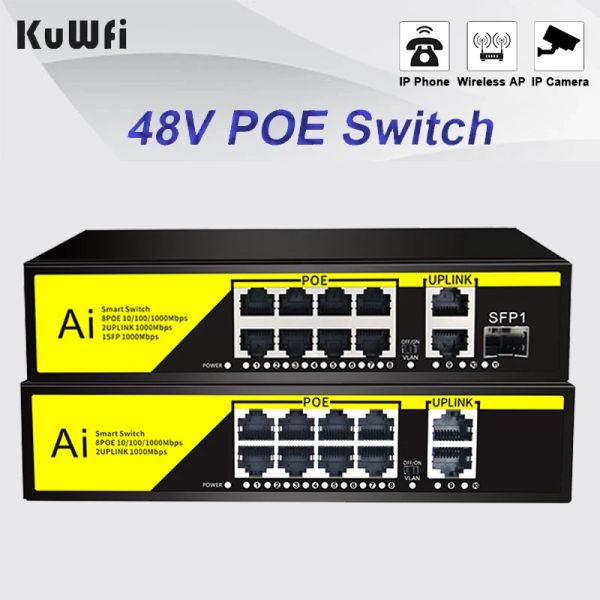 CONTRÔLE KUWFI Smart Switch 48V Poe Network Switch Long Transmission Distance Distance Ethernet Interrupteur IEEE 802.3 AF / AT POUR IP CAMERA / WIRESS AP