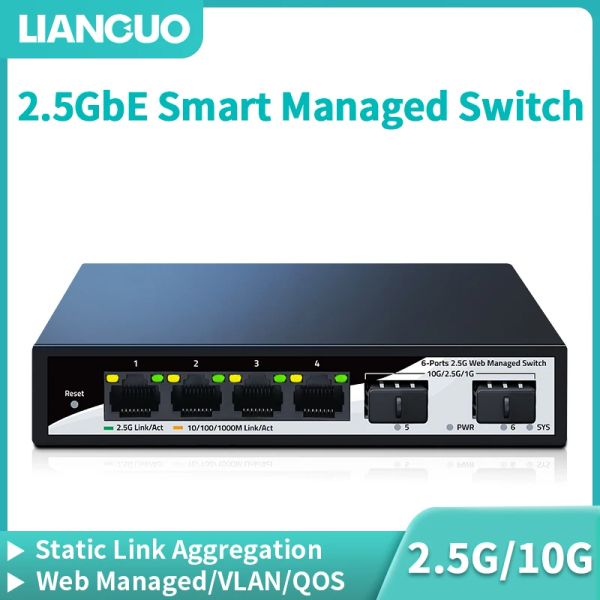 Contrôle LIANGUO 2.5GBE Smart Managed Switch 4 Port 2500M Network 10G SFP + SLOT WEB Géré Aggrégation de liaison statique Interrupteur de configuration à domicile