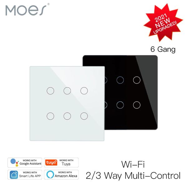 Control MOES Nouveau Smart WiFi 6 Gang Light Switch Smart Life/Tuya App 2/3 Way MuiltiControl Télécommande Fonctionne avec Alexa Google Yandex