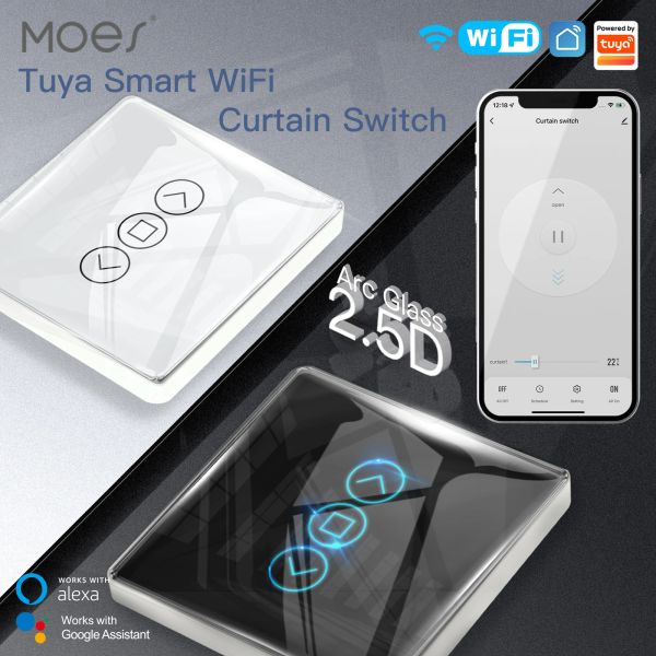 Control Moes Wifi RF433 Smart 2.5D ARC Glass Touch Curtain Switch para persianas de rodillos Atteros Smart Life/Tuya App Works Alexa Google Home