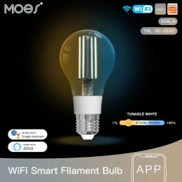 Controle MOES WIFI SMART FILAMENT BULB LED LICHT LAMP E27 Dimmable Lighting 2700K6500K 806LM Tuya Alexa Google Voice Control 90250V 7W