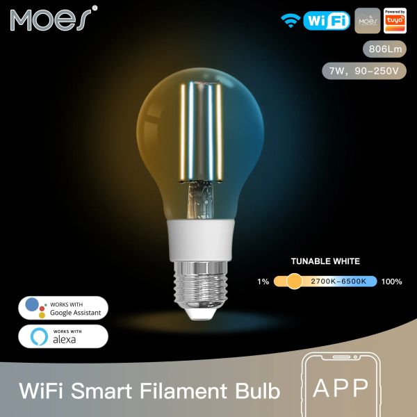 Contrôle Moes WiFi Smart Filament Bulb LED LIGHT LEAL E27 Éclairage dimmable 2700K6500K 806LM TUYA Alexa Google Vocation Control 90250V 7W