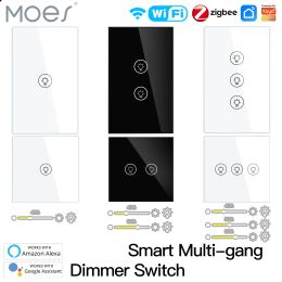 Controle Moes ZigBee/WiFi Light Dimmer Switch Smart Multigang Brighess Apparment Controller Tuya App Alexa Google Home Voice Control