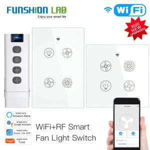 Besturing Nieuwe WiFi RF Smart Ceiling Fan Light 2/3 Way Control Smart Life/Tuya App RF Remote Snelheidscontrole Alexa Google Home Compatibel