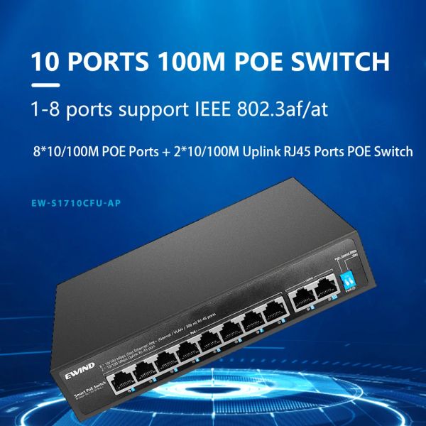 Control Switch POE 6/10 Puertos 10/100Mbps Interruptor Ethernet con 2 puertos RJ45 Switch rápida para cámara IP/interruptor de red Smart Smart de AI IP AI