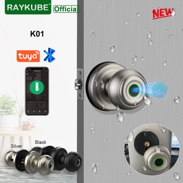 Control Raykube K01 Tuya Bluetooth Smart Door Lock Auto Cylindor impermeabilizando la aplicación de la perilla de bloqueo electrónico de la perilla de bloqueo electrónico/llave/huella digital