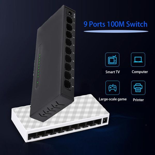 Contrôle RJ45 Hub Plug and Play 9 ports Game Network Switch RJ45 Ethernet Smart Swither Internet Splitter de 100 Mbps Adaptateur de chargement de jeu