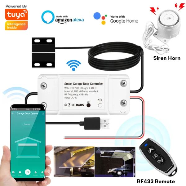 Contrôle Smart Life WiFi Garage Door Door Controller Sirren Alarm Wireless RF 433 Remote + Tuya Application Control fonctionne avec Alexa Google Home