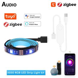 Contrôlez la bande intelligente Zigbee USB LED lumières Tuya RGB bande LED DC5V 5050 Smart TV rétro-éclairage salle bande LED fonctionne avec Google Home Alexa