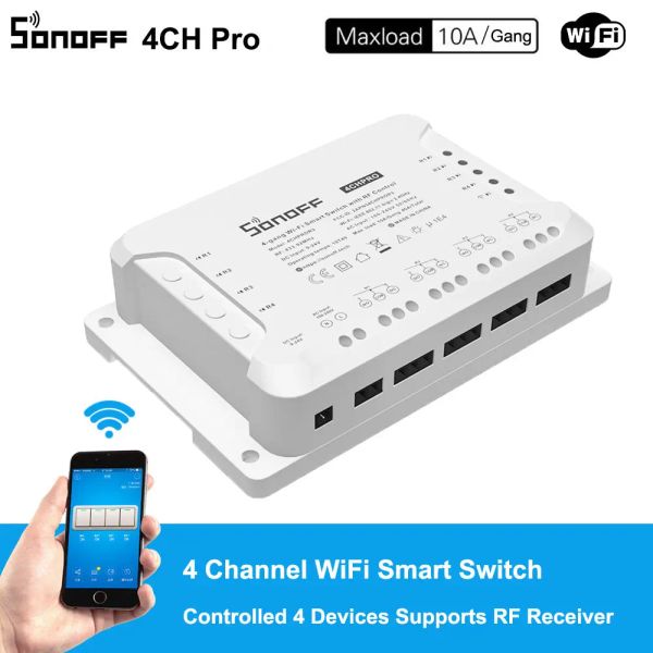 Contrôle Sonoff 4ch Pro R3 10A / Gang 4 Channel WiFi Smart Switch 433 MHz RF Remote WiFi Lights Switch Prendages 4 Appareils Fonctionnement avec Alexa