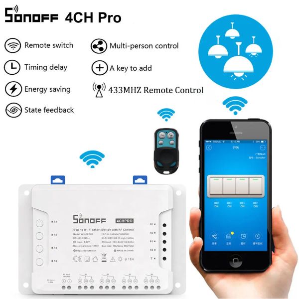 Contrôle Sonoff 4CHProR3 interrupteur d'éclairage Wifi intelligent 4 gangs, 3 modes de fonctionnement, verrouillage automatique, commutateur RF/Wifi, fonctionne avec Alexa