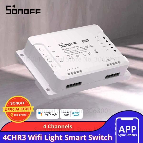 Control SONOFF 4CHR3 4 Gang Wifi Light Smart Switch, 4 canales Control de aplicaciones Electronic EOS Android, funciona con Alexa Google Home