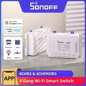 Contrôle Sonoff 4CHR3 / 4CHPROR3 4 Gang WiFi Smart Switch Module Contrôle vocal Interlock Inching via Ewelink App Support Alexa Google