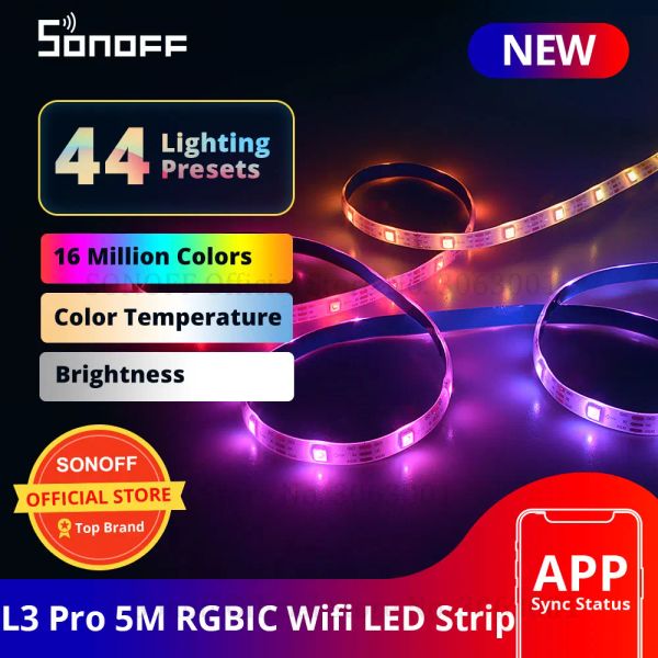 Control SONOFF L3 Pro 5M RGBIC Wifi Luces de tira LED inteligentes 16.4 pies Voz remota inalámbrica / Control local Tipo C DC5V Adaptador Hogar inteligente