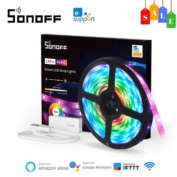 Control SONOFF L3 Pro WiFi Luces de tira LED inteligentes RGB / RGBIC 5M Cinta de lámpara flexible Voz inalámbrica / Control local Trabajo con Alexa ewelink