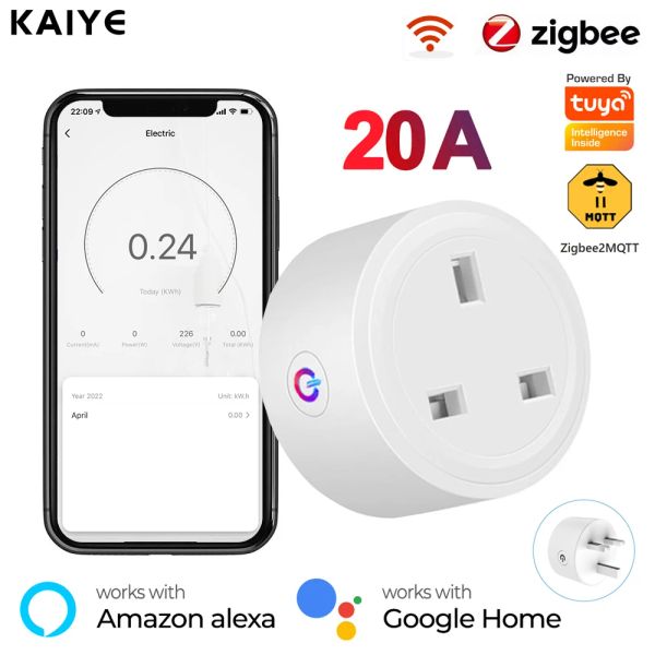 Contrôle Tuya 20a Zigbee prise intelligente prise britannique multiprise mini prise sans fil domestique avec moniteur d'énergie Compatible avec Alexa Google Home