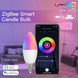 Control Tuya Smart Home Zigbee bombilla Led RGBCW lámpara soporte de vida inteligente Alexa Google Home E14 bombilla de vela 22006500K luces de ritmo musical