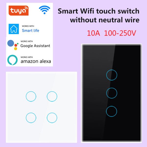 Contrôle Tuya Smart WiFi Touch Switch No Neutral Mur Mur Mur Switch 1/2/3/4 Gang 220V Smart Home Living Us Us pour Alexa Voice Google Hom
