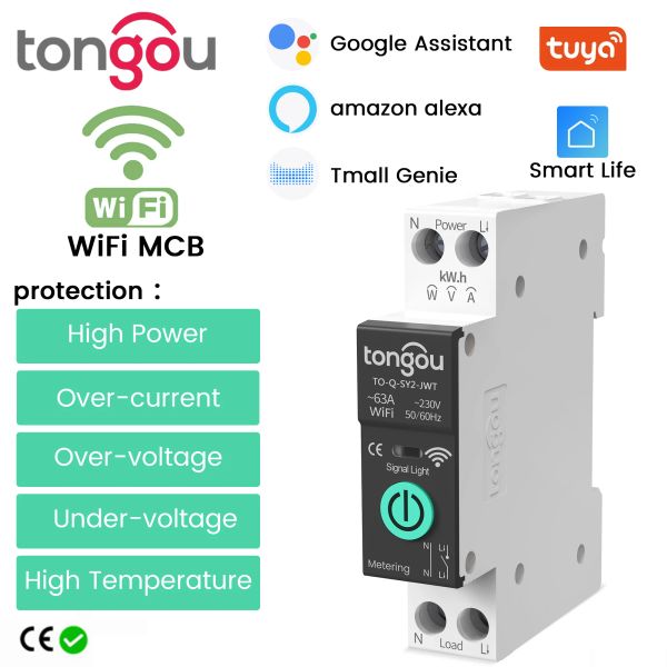 Control Tuya Wifi MCB Smart Circuiter sobre corriente bajo protección de voltaje Medición de alimentación 163A Interruptor de control remoto inalámbrico